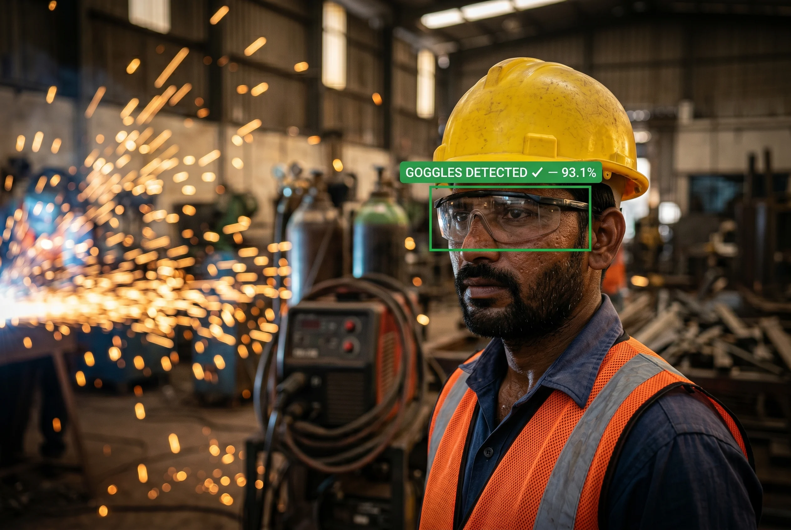 AI detecting safety goggles and face shield on a worker